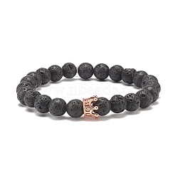Natural Lava Rock Round Beaded Stretch Bracelet with Clear Cubic Zirconia Crown, Essential Oil Gemstone Jewelry for Women, Rose Gold, Inner Diameter: 2-1/4 inch(5.8cm)(BJEW-JB07797-04)