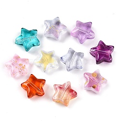 Transparent Glass Beads, Star, with Giltter Power, Mixed Color, 9.5~10x10x4~5mm, Hole: 0.9~1mm(X-GLAA-N001-76)