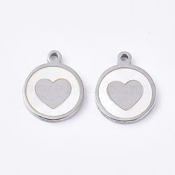 304 Stainless Steel Charms, with Shell, Flat Round with Heart, Stainless Steel Color, 12x10x1.5mm, Hole: 1.2mm(STAS-S079-126P)