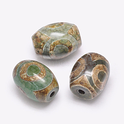 Tibetan Style 3-Eye dZi Beads, Natural Agate Beads, Dyed & Heated, Barrel, Three Eyes, Dark Olive Green, 15~17x12~13mm, Hole: 2.5~3mm(X-TDZI-G009-B42)