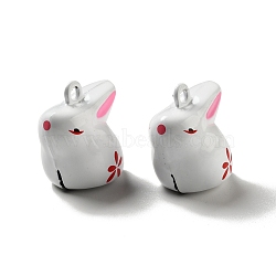Brass Bell Pendants, Spary Printed, Rabbit with Cherry Blossoms Charm, White, 22x20x15mm, Hole: 2mm(KK-D081-03)