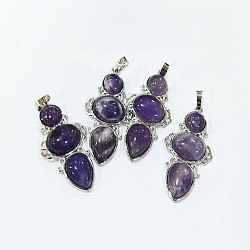 Natural Amethyst Pendants, Rack Plating Brass Flower Charms, Cadmium Free & Lead Free, Platinum, 47x24x6.5mm, Hole: 7.5x5mm(G-Q158-04A)