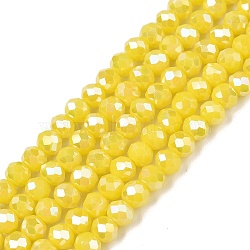 Electroplate Glass Beads Strands, Opaque Solid Color, AB Color Plated, Faceted, Rondelle, Yellow, 4x3mm, Hole: 0.4mm, about 113~115pcs/strand, 41~41.5cm(EGLA-A044-P4mm-B04)