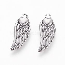 304 Stainless Steel Pendants, Wings with Heart, Antique Silver, 20x8x2.5mm, Hole: 1.6mm(STAS-P217-02AS)