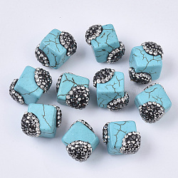 Synthetic Turquoise Beads, with Polymer Clay Rhinestones, Cube, Turquoise, 19x17.5x15.5mm, Hole: 1mm, PP12(1.8~1.9mm)(TURQ-T003-01B-01)