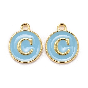 Golden Plated Alloy Enamel Charms, Cadmium Free & Lead Free, Enamelled Sequins, Flat Round with Letter, Sky Blue, Letter.C, 14x12x2mm, Hole: 1.5mm