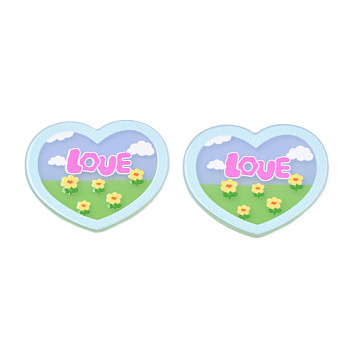 Transparent Printed Acrylic Cabochons, Heart with Flower & Word Love, Light Blue, 33x39x2mm