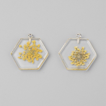 Transparent Clear Resin Pendants, with Dried Flower, Platinum Iron Loop, Hexagon, Yellow, 28x27x4mm, Hole: 1.8mm, 2pcs/bag