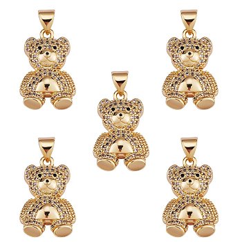5Pcs Brass Micro Pave clear Cubic Zirconia Pendants, Nickel free, Bear, Real 16K Gold Plated, 20x13x6mm, Hole: 3x5mm