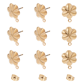 304 Stainless Steel Stud Earring Findings, with Ear Nuts/Earring Backs and Loop, Long-Lasting Plated, Flower, Golden, 13.5x10mm, Hole: 1mm, Pin: 0.8mm, 10pcs/box