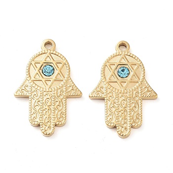 304 Stainless Steel Pendants, with Glass Rhinestone, Real 14K Gold Plated, Hamsa Hand with Star of David Charms, Aquamarine, 28.5x19x3mm, Hole: 2.2mm