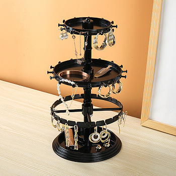 3-Tier Rotatable Round Acrylic Jewelry Display Tower with Tray, Desktop Jewelry Organizer Holder for Earring Rings Bracelets Storage, Black, 16x16x30cm