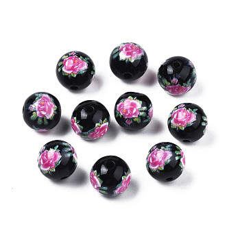 Opaque Printed Acrylic Beads, Round with Flower Pattern, Black, 9x9.5mm, Hole: 1.8mm