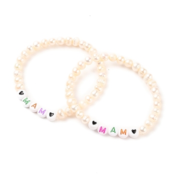 Mother's Day Gifts, Stretch Bracelets, with Natural Pearl Beads and Acrylic Beads, Word MaM, Colorful, Inner Diameter: 2-1/2 inch(6.5cm)
