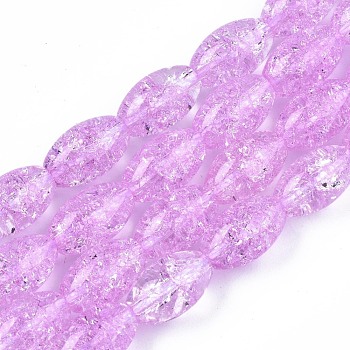 Transparent Crackle Glass Beads Strands, Dyed & Heated, Oval, Violet, 13x8mm, Hole: 1.2mm, about 30pcs/strand, 15.75''(40cm)