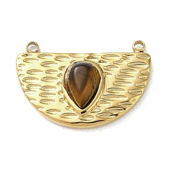 Vacuum Plating 316 Stainless Steel Pendants, with Natural Tiger Eye, Half Round, Real 18K Gold Plated, 12.5x18x4mm, Hole: 1.2mm