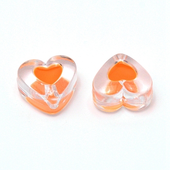 Transparent Clear Enamel Acrylic Beads, Heart, Orange, 15x17x11mm, Hole: 2mm