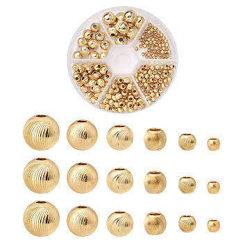 198Pcs 6 Style Brass Beads, Long-Lasting Plated, Textured, Solid Round, Real 18K Gold Plated, 2.7~10x2.3~9mm, Hole: 1~2.5mm