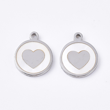 304 Stainless Steel Charms, with Shell, Flat Round with Heart, Stainless Steel Color, 12x10x1.5mm, Hole: 1.2mm