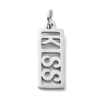 304 Stainless Steel Pendants, with Jump Rings, Laser Cut, Rectangle with Word KISS Charm, Stainless Steel Color, 19.5x7x1mm, Hole: 3mm