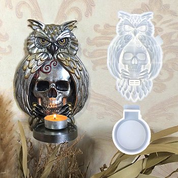 Halloween Owl Skull Candle Holder DIY Silicone Molds, Wall Floating Shelf Candlestick Molds, Resin Plaster Cement Casting Molds, White, 99~235x75~143x13.5~21mm, Inner Diameter: 80~215x70~133mm, 2pcs/set