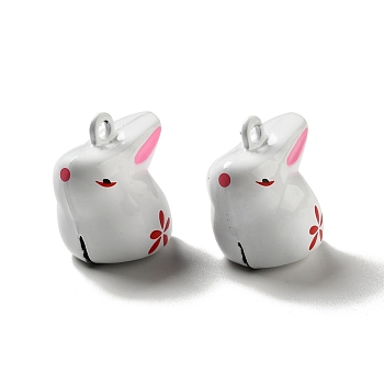 Brass Bell Pendants, Spary Printed, Rabbit with Cherry Blossoms Charm, White, 22x20x15mm, Hole: 2mm