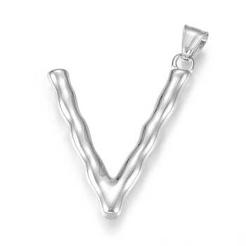 304 Stainless Steel Pendants, Bamboo Shaped Letter, Stainless Steel Color, Letter.V, 49x38x5.5mm, Hole: 5x8mm