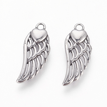 304 Stainless Steel Pendants, Wings with Heart, Antique Silver, 20x8x2.5mm, Hole: 1.6mm