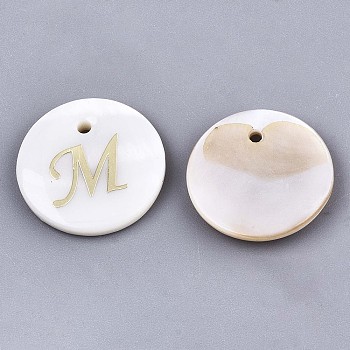 Natural Freshwater Shell Pendants, with Golden Plated Brass Etched Metal Embellishments, Flat Round with Letter, Letter.M, 15x2mm, Hole: 1.2mm