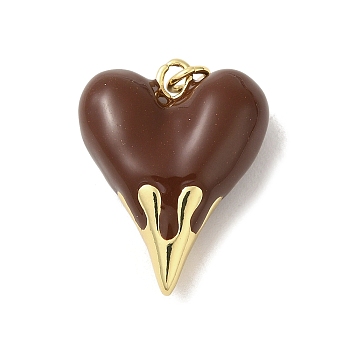 Rack Plating Brass Pendants, with Enamel, Long-Lasting, Lead Free & Cadmium Free, Real 18K Gold Plated, Heart Charm, Coconut Brown, 24.5x19.5x8.5mm, Hole: 3mm
