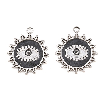 304 Stainless Steel Enamel Pendants, Sun with Evil Eye Charm, Real 18K Gold Plated, Ion Plating(IP), Long-Lasting Plated, Black, 21x18x1.5mm, Hole: 2mm