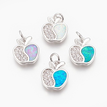 Brass Micro Pave Cubic Zirconia Pendants, with Synthetic Opal, Apple, Mixed Color, Platinum, 16x13x2mm, Hole: 4mm