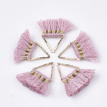 Polycotton(Polyester Cotton) Tassel Charms Decorations, Mini Tassel, with Brass Findings, Triangle, Golden, Flamingo, 14~15x12~15x2mm, Hole: 7x6mm