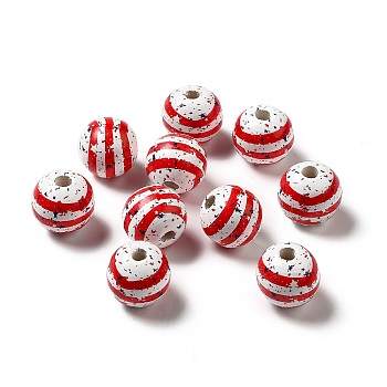 Independence Day Theme Printed Natural Wooden Beads, Round with Stripe Pattern, Colorful, 16x14.5mm, Hole: 3.5mm
