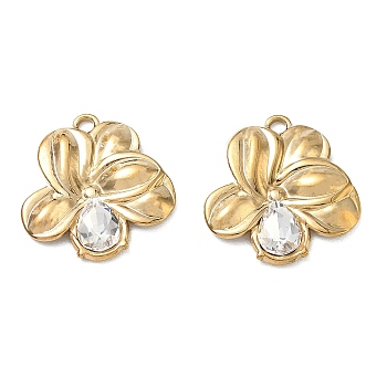 304 Stainless Steel with Clear Glass Pendants, Flower Charms, Flower, 23.5x22x3.5mm, Hole: 2mm