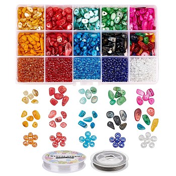 DIY Glass & Shell Beads Bracelet Making Kit, Including 8/0 Trans Glass Seed Beads, Natural Shell Beads, Elastic Thread and Tail Wire, Mixed Color, Beads: about 1600~1950pcs/set
