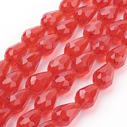 Glass Beads Strands, Faceted, teardrop, Red, 15x10mm, Hole: 2mm, about 48pcs/strand, 27.56 inch(70cm)(X-GLAA-R024-15x10mm-14)