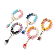 Round & Polygon Natural Wood Beads Stretch Bracelets Keychains, with Polycotton Tassel Pendant and Alloy Findings, Mixed Color, 17.5~18cm(KEYC-JKC00319)
