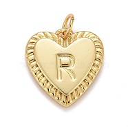 Rack Plating Real 18K Gold Plated Brass Pendants, with Jump Rings, Long-Lasting Plated, Lead Free & Cadmium Free & Nickel Free, Heart with Letter A~Z, Letter.R, 16x15x2.5mm, Jump Ring: 5x0.5mm, 3mm Inner Diameter(KK-E260-01G-R)