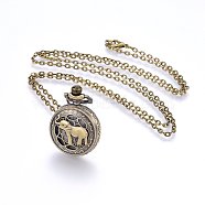 Alloy Pendant Necklace Quartz Pocket Watches, with Iron Chains and Lobster Claw Clasps, Flat Round with Elephant, Antique Bronze, 31.9inches(81cm); Watch: 41x27x12mm(WACH-F051-11AB)