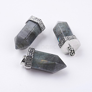 Natural Labradorite Pointed Pendants, with Brass Finding, Bullet, Platinum, 39x18mm, Hole: 4.5x5.5mm(X-G-E442-03N)