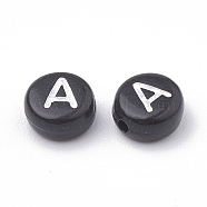 Opaque Acrylic Horizontal Hole Beads, with Enamel, Flat Round, Letter A, 7x4mm, Hole: 1.5mm(SACR-YW0001-70A)