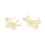 Left and Right Brass Pave Clear Cubic Zirconia Stud Earring Findings, with Loop, Bowknot, Real 14K Gold Plated, 11x17mm, Hole: 1.4mm, Pin: 0.5mm(KK-F875-02G)