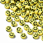 Opaque Craft Acrylic Beads, Flat Round with Smiling Face, Yellow, 7x3.5mm, Hole: 1.5mm, about 3637pcs/500g(MACR-S369-003B-02-01)