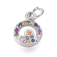 Brass Micro Pave Cubic Zirconia Charms, with Jump Rings, Flat Round with Heart, Colorful, Platinum, 11x8x2mm, Hole: 3mm(ZIRC-I032-57P)