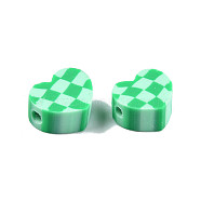 Handmade Polymer Clay Beads, Heart with Tartan Pattern, Medium Sea Green, 9~9.5x10~11x4~5mm, Hole: 1.5~1.8mm(CLAY-N010-078B-01)