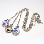 Openable Printed Porcelain Pocket Watch Necklace, with Alloy Quartz Watch Dial and Iron Chains, Flat Round, Mixed Color, Platinum, 31.5 inch(80cm)(X-WACH-M008-M)