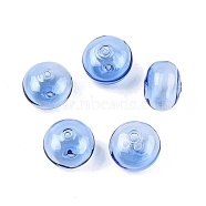 Transparent Handmade Blown Glass Globe Beads, Stripe Pattern, Flat Round, Royal Blue, 15x11mm, Hole: 1~3mm(GLAA-T012-53G)