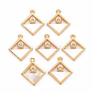 Natural Shell Pendants, with Brass Findings and Crystal Rhinestone, Long-Lasting Plated, Cadmium Free & Lead Free, Rhombus, Light Gold, 18x15x2mm, Hole: 1.2mm(KK-T060-72-RS)