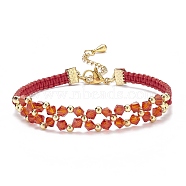 Glass Braided Flower Link Bracelet for Women, Red, 7-3/8 inch(18.6cm)(BJEW-TA00130-03)